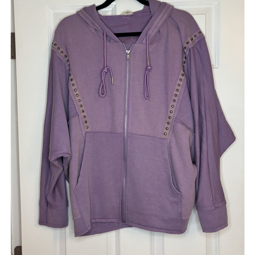 POL Oversized Hoodie Size S Purple Studded Zip Up Sweatshirt Long Sleeve Boho